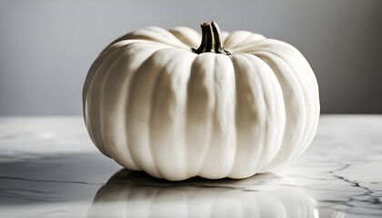 white pumpkin on white mable background, side view
