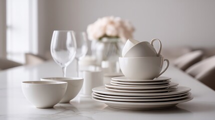 Elegant table setting with white ceramic dishes, glasses, and floral centerpiece