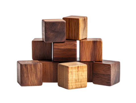 Collection of wooden cubes, various shades of brown, neatly arranged in a pyramid-like stack.