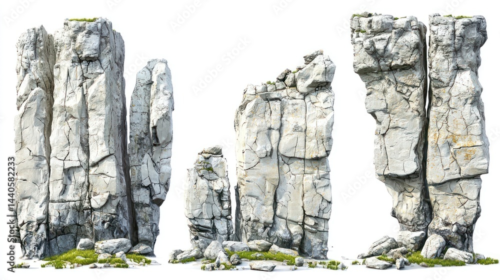 Poster set of broken limestone cliffs with cracks and erosion patterns on white background