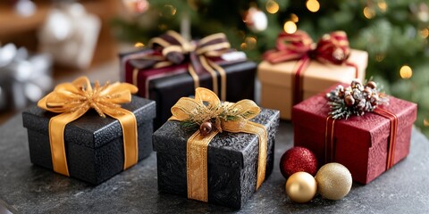 Elegantly wrapped gifts sparkle with holiday cheer