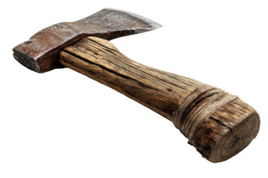 Worn axe with wood handle isolated on transparent png background