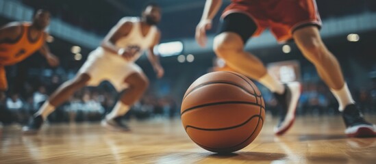 Close-up of basketball on court with blurred players in background.