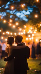 Romantic Couple Silhouette at Night, Outdoor String Lights