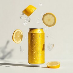 Yellow Can with Lemon, Ice, and Refreshing Drink. (10)