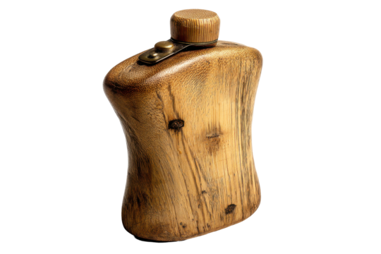 Wooden, carved flask isolated on transparent png background
