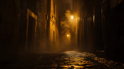 A dark, misty alley illuminated by a single flickering streetlamp.