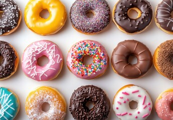 Colorful Variety of Fresh Donuts with Toppings and Icing in an Attractive Display for Dessert Enthusiasts and Food Lovers