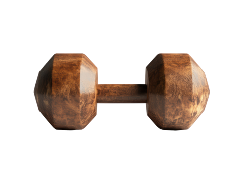 Detailed,  shot of a decorative wooden dumbbell, showcasing its intricate design and rich brown tone.