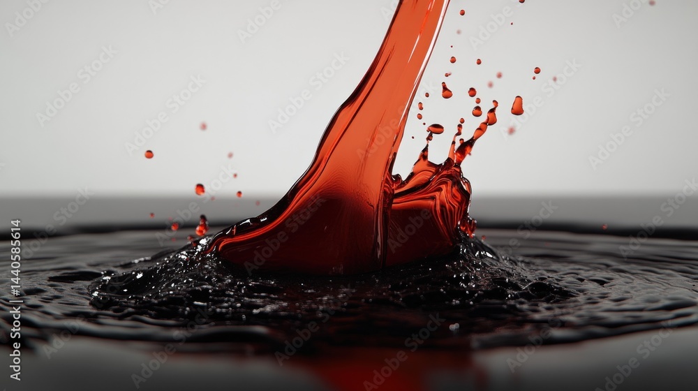 Poster red liquid splashing into dark liquid, creating dynamic ripples and droplets.