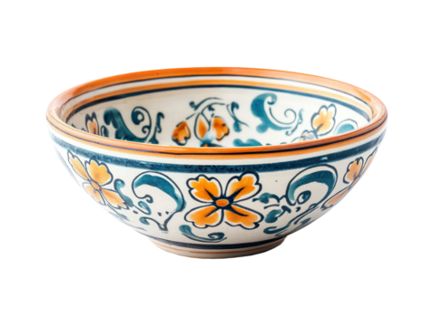 Small, round bowl, intricately painted with decorative patterns of orange and yellow flowers and teal/green scrolls on a white background.  The bowl has a contrasting orange rim.