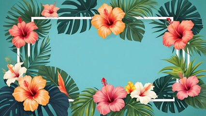 Bright tropical frame with exotic hibiscus flowers in ruby red and sunny yellow shades, framed by lush palm leaves.