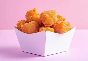 Crispy Golden Chicken Nuggets in White Takeout Box on Pink Background for Delicious Fast Food and Snack Themes