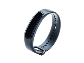 Gray fitness tracker is displayed, front and side view, against a multicolored background.
