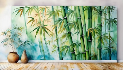 Obraz premium tropical bamboo wall mural vibrant watercolor mural featuring lush green bamboo stalks creating a serene and exotic atmosphere for any indoor space