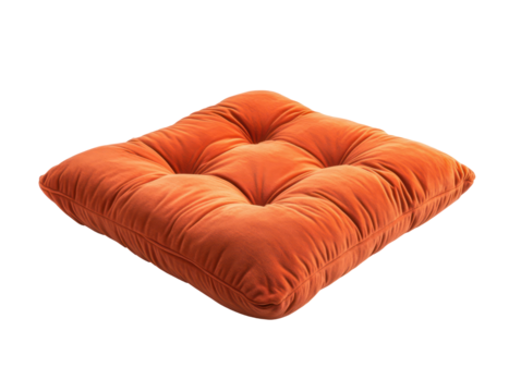 Square, orange velvet cushion displaying a tufted pattern. The item is presented in a flat lay style.