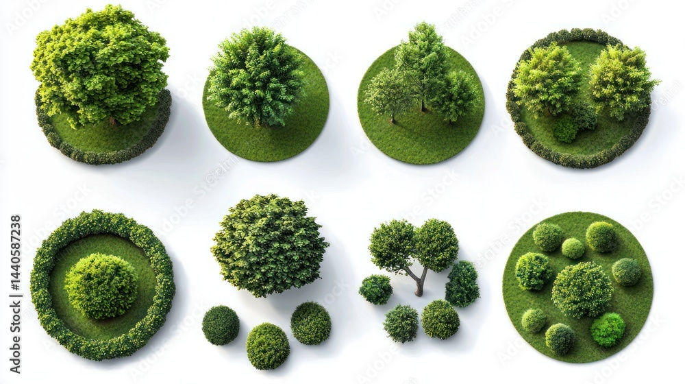 Poster set of circular park layouts with trimmed bushes and symmetrical trees on white background.