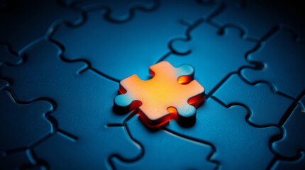 Obraz premium Glowing orange puzzle piece stands out on dark blue abstract texture background creating striking contrast and intriguing texture effect