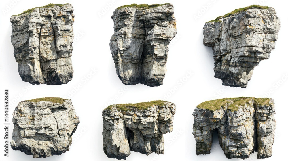 Poster set of coastal cliffs with rough surfaces and uneven edges on white background