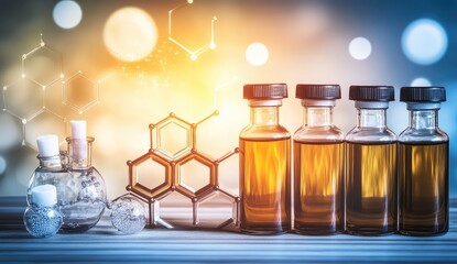 Amber liquid vials and lab glassware on a table, set against a bokeh background with chemical structures