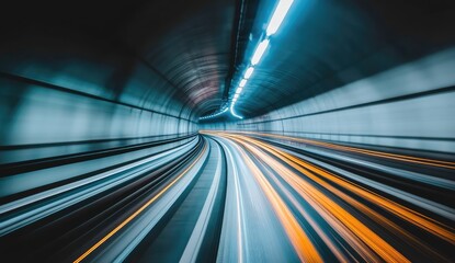 High-speed train speeding through illuminated tunnel