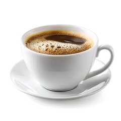 Obraz premium A white ceramic coffee cup filled with coffee, isolated on a clean white background