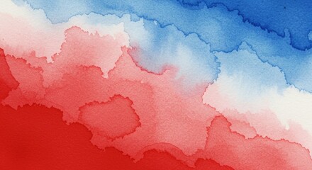 Abstract watercolor painting in red, white, and blue hues  