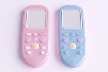 Pastel pink and blue retro game controllers displayed on a plain white background