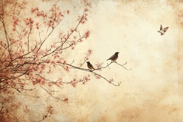 Vintage birds on blossom branch with cherry flowers