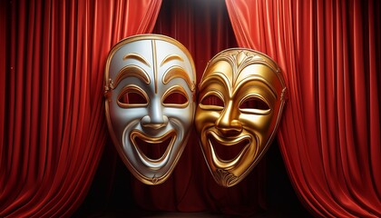 theater masks drama and comedy with a red curtain 3d rendering mixed media