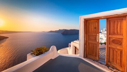 gateway to rest santorini greece dawn of the sun open doors and stto the blue sea of santorini island oia