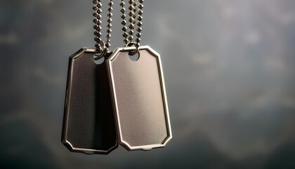 Fototapeta premium suspended id tags military inspired blank dog tags against a neutral backdrop