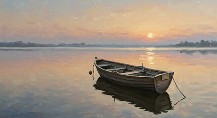 Boat Floating on Calm Water at Sunrise Painting Style