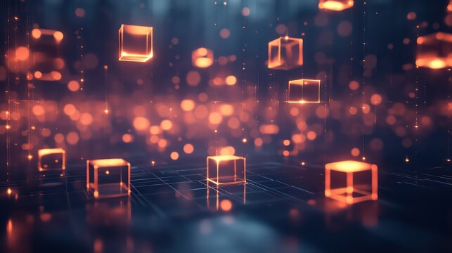 Luminous cube clusters float above grid