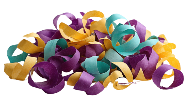 Colorful paper confetti swirls create dynamic design element, rebg.