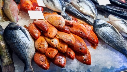 fresh colorful fishes on ice in the fishmarket in barcelona