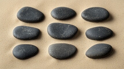 Set of dark, flat rocks placed symmetrically on a smooth tan sand surface on a white background