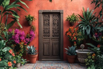 Fototapeta premium Ornate doorway in a vibrant tropical garden.
