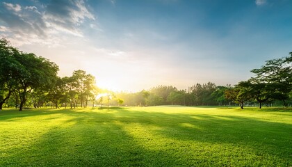 beautiful morning light of green grass lawn in public park use a