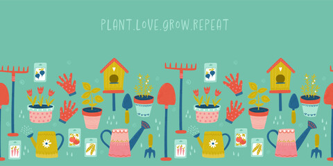 Cute hand drawn gardening tools and equipment, great for textiles, wallpapers, banners - vector design