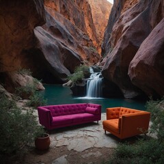 A magenta and orange blended sofa in a mystical canyon.