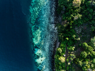 Drone image of the rugged Thai coastline with dense tropical forest meeting shallow turquoise waters and coral reefs.