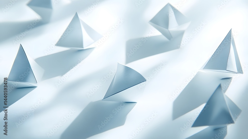 Poster abstract image of multiple light blue paper pyramids scattered on a white surface. soft shadows crea