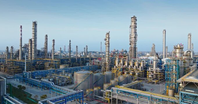 Aerial shot of oil refinery chemical plant with complex pipelines and storage tanks in large industrial area. Business finance and energy industry background.