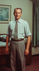 A man in a 1950s-style suit stands in an office. He wears a light-colored shirt and gray trousers. The scene evokes a sense of mid-20th-century professionalism.