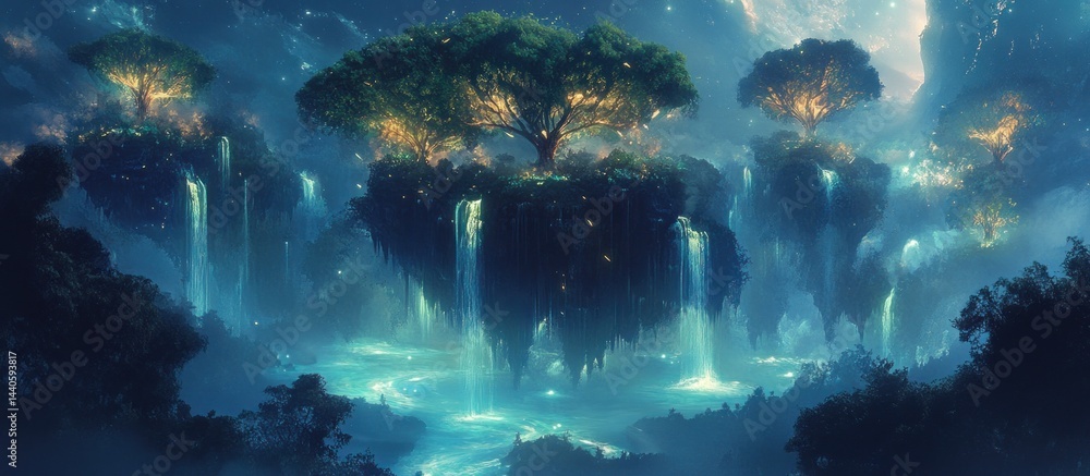 Poster enchanting floating islands with luminous trees and waterfalls in a mystical forest.