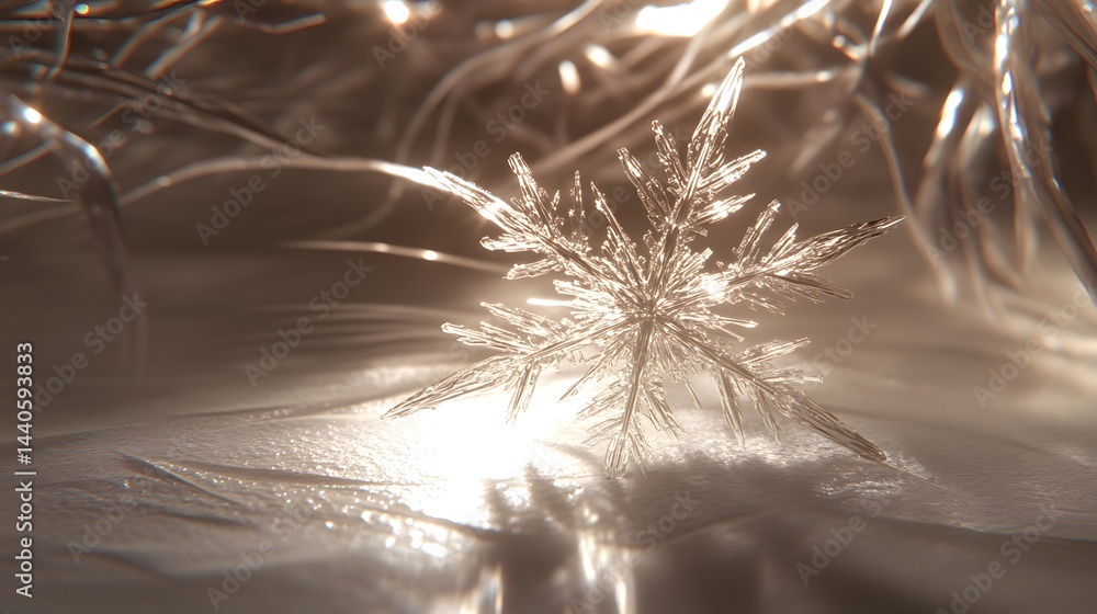Poster a single, delicate snowflake rests on a snowy surface, illuminated by a soft, warm light. the intric