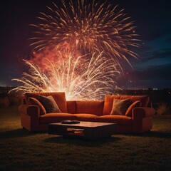 A fiery gradient sofa in front of a massive firework show.