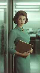 A person stands in a 1960s office, wearing formal attire. The office features a wooden desk, bookshelves, and papers, creating a nostalgic and professional atmosphere.
