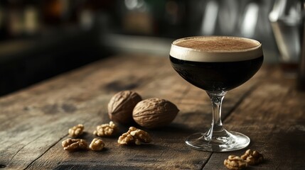 Dark, coffee-infused cocktail with walnuts on a rustic wooden surface.